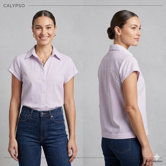 Calypso Tops - Calypso Lavender White Gingham Checkered Button Down Shirt Seersucker Top Size M